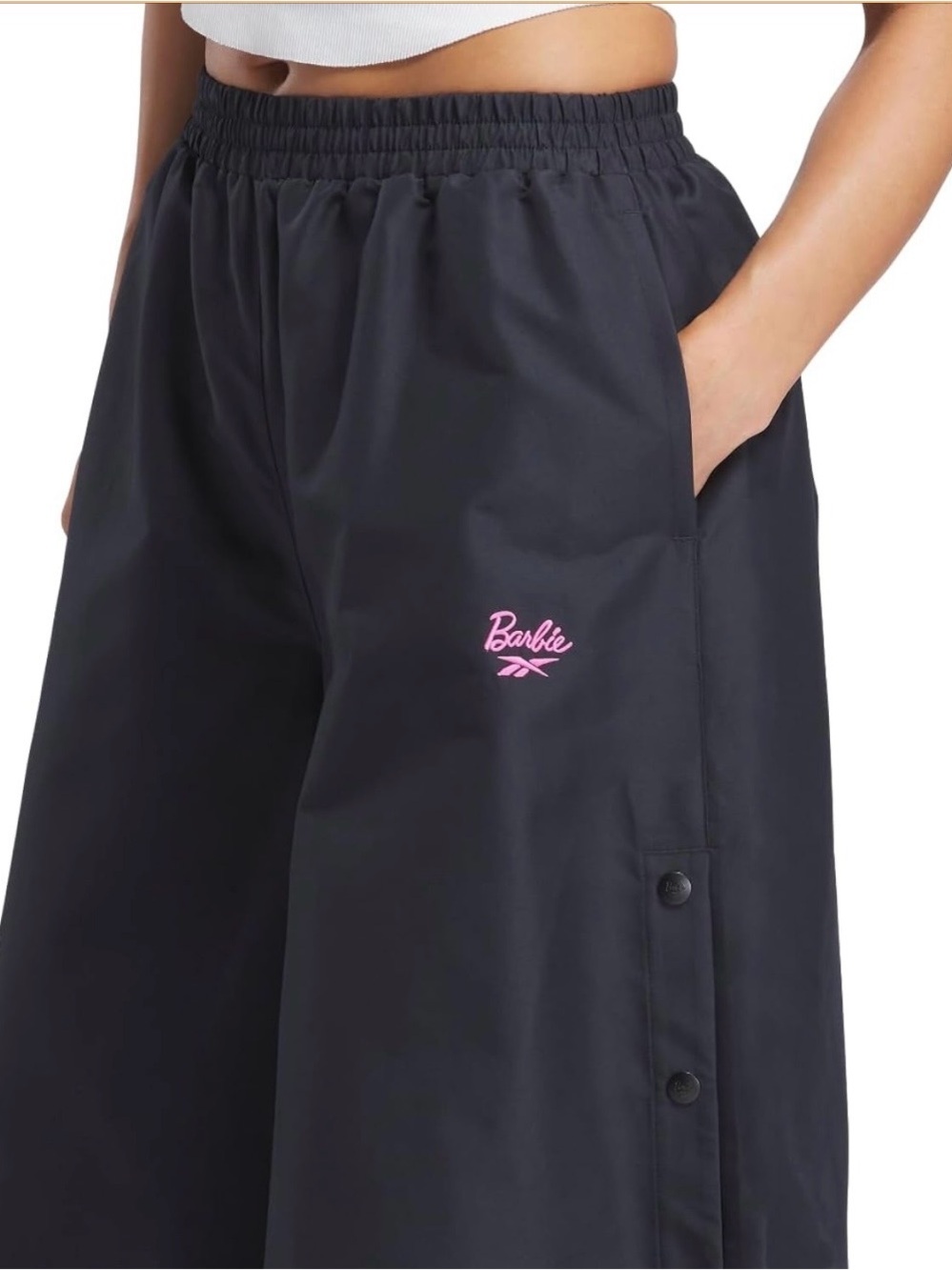 Reebok x Barbie Black Wide-Leg Track Pants with Pink Logo